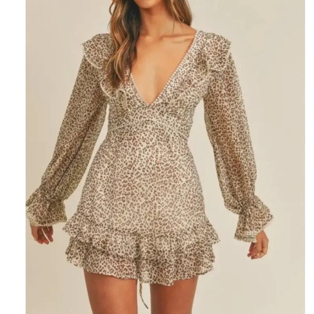 Mable Leopard Ruffle Cross Back Dress with Pom Trim • Boho Festival • Size M